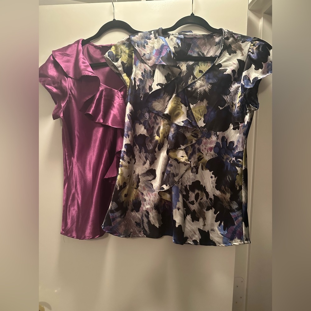 Two Hayley Matthews short sleeved career tops.  Royal Purple and multi.  Size L